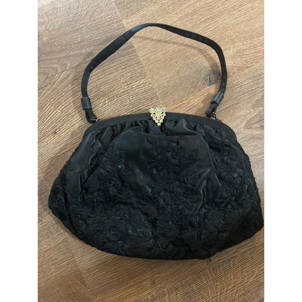 Vintage Black Satin Floral Embroidered Evening Bag Rhinestone Clasp Handbag
